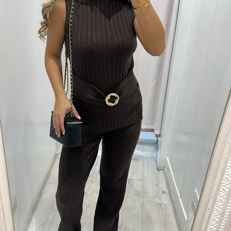 KIA Ribbed Sleeveless Top With Gold Buckle detailing & Trouser Set