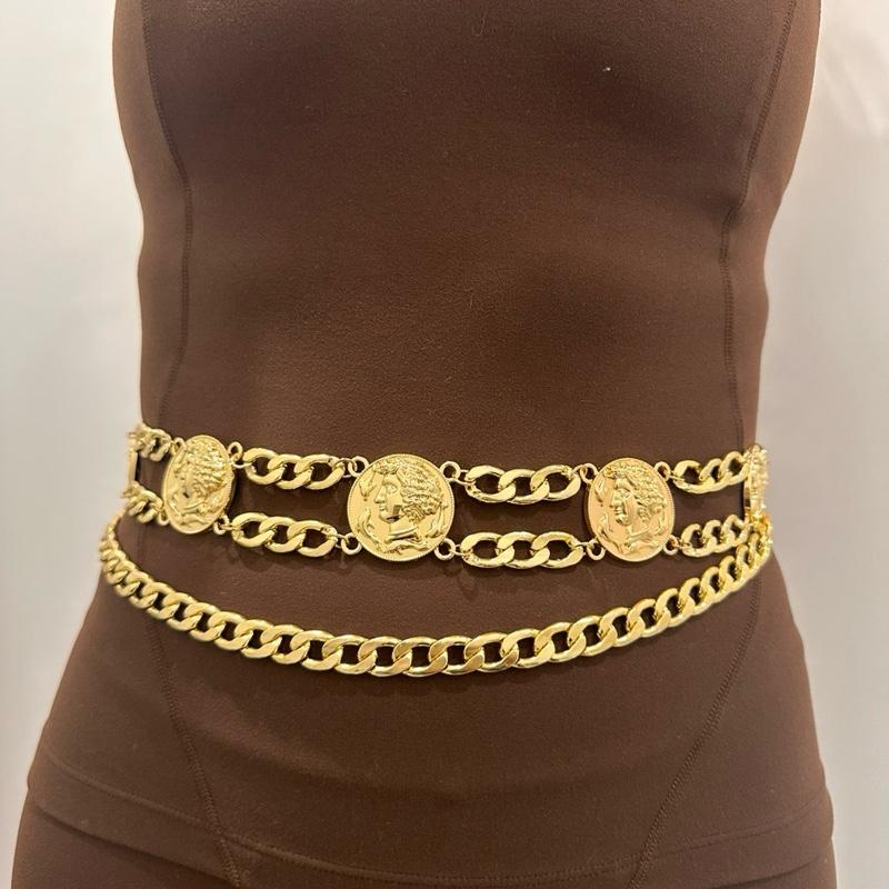 Women’s fashion gold charm belt with double-layered design and coin charms for elegant and versatile styling