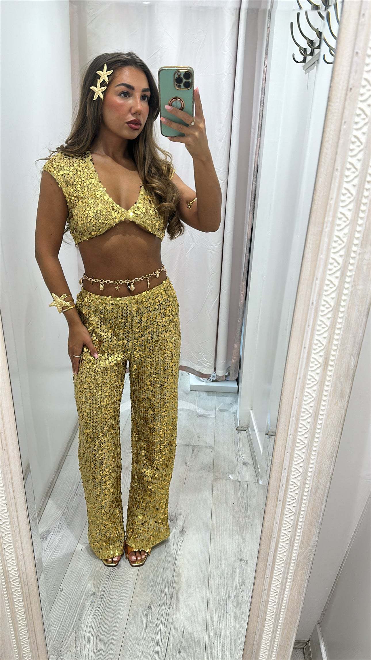 PACHA Knitted Sequin Golden Holiday Set festive two-piece outfit with sparkling sequins