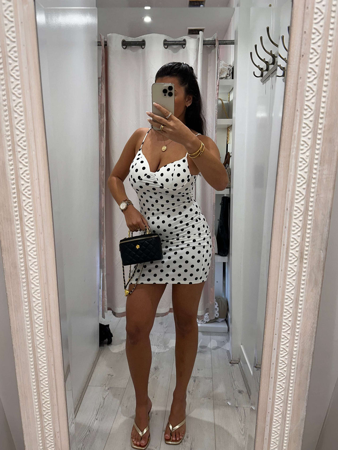 VERITY Polka Dot Mini Dress - White with Black Dots, Sleeveless, V-Neck, Summer Style, Perfect for Casual Wear