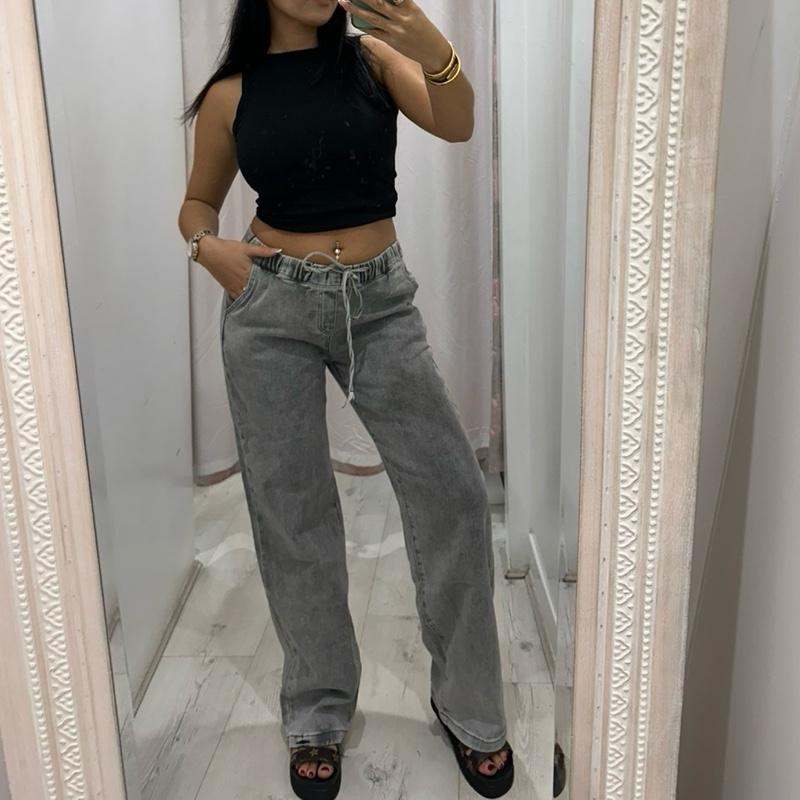 Grey NORA high-waisted wide-leg jeans with elasticated waistband and drawstring, casual relaxed fit denim