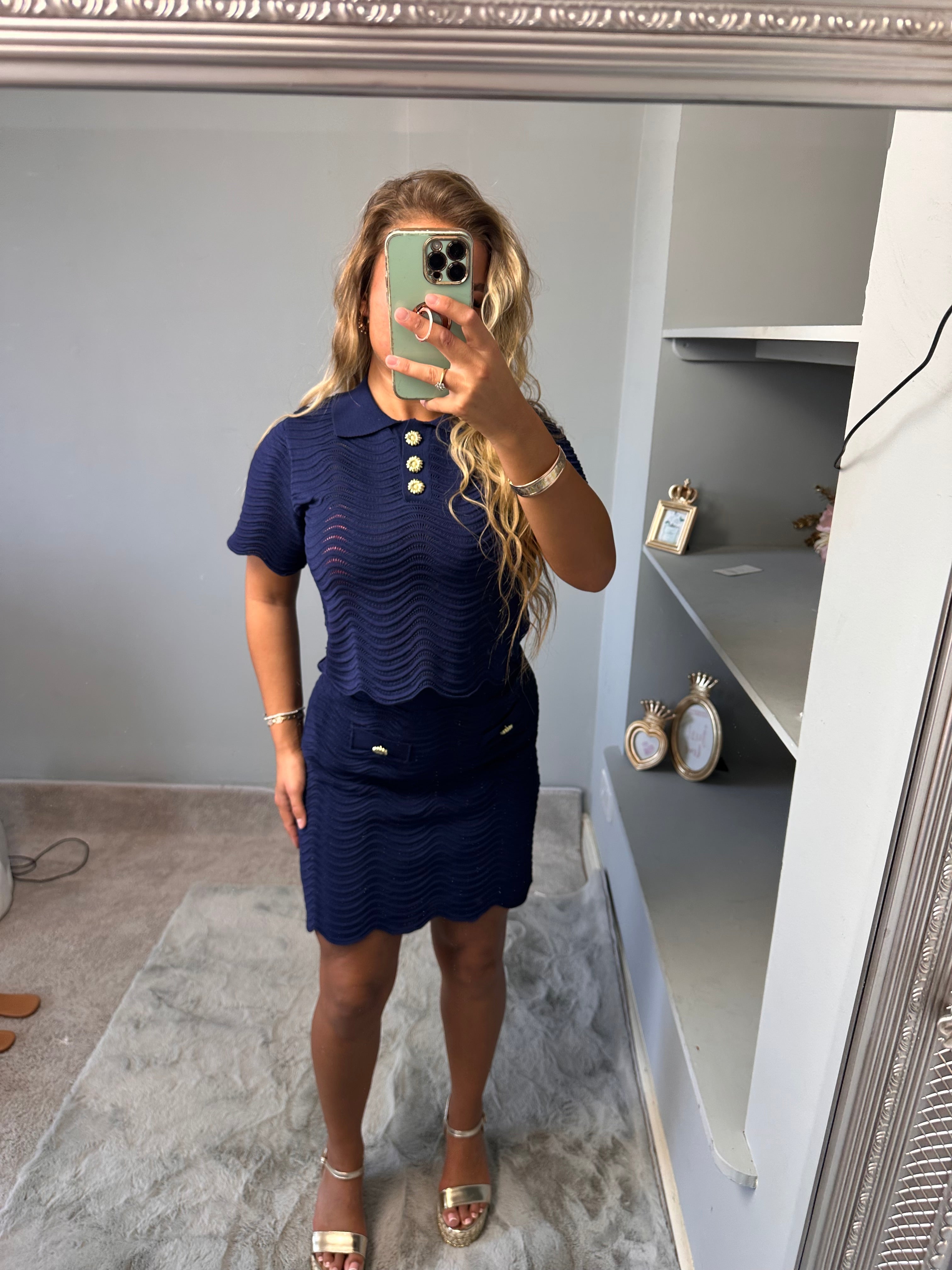 MIA knitted gold button top and skirt
