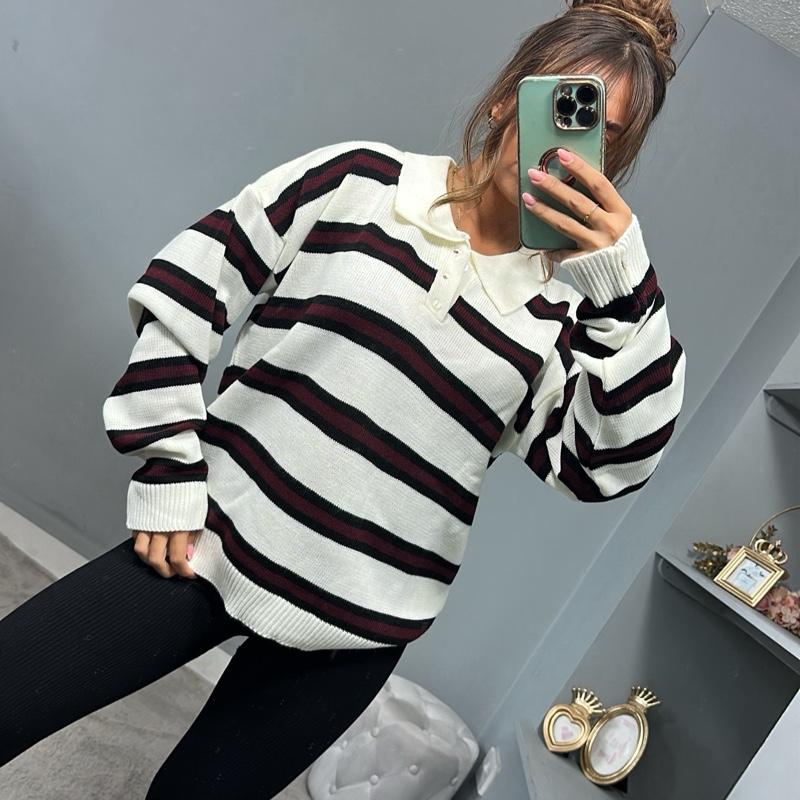 CHRISTIE Striped Collared Long Sleeve Sweater
