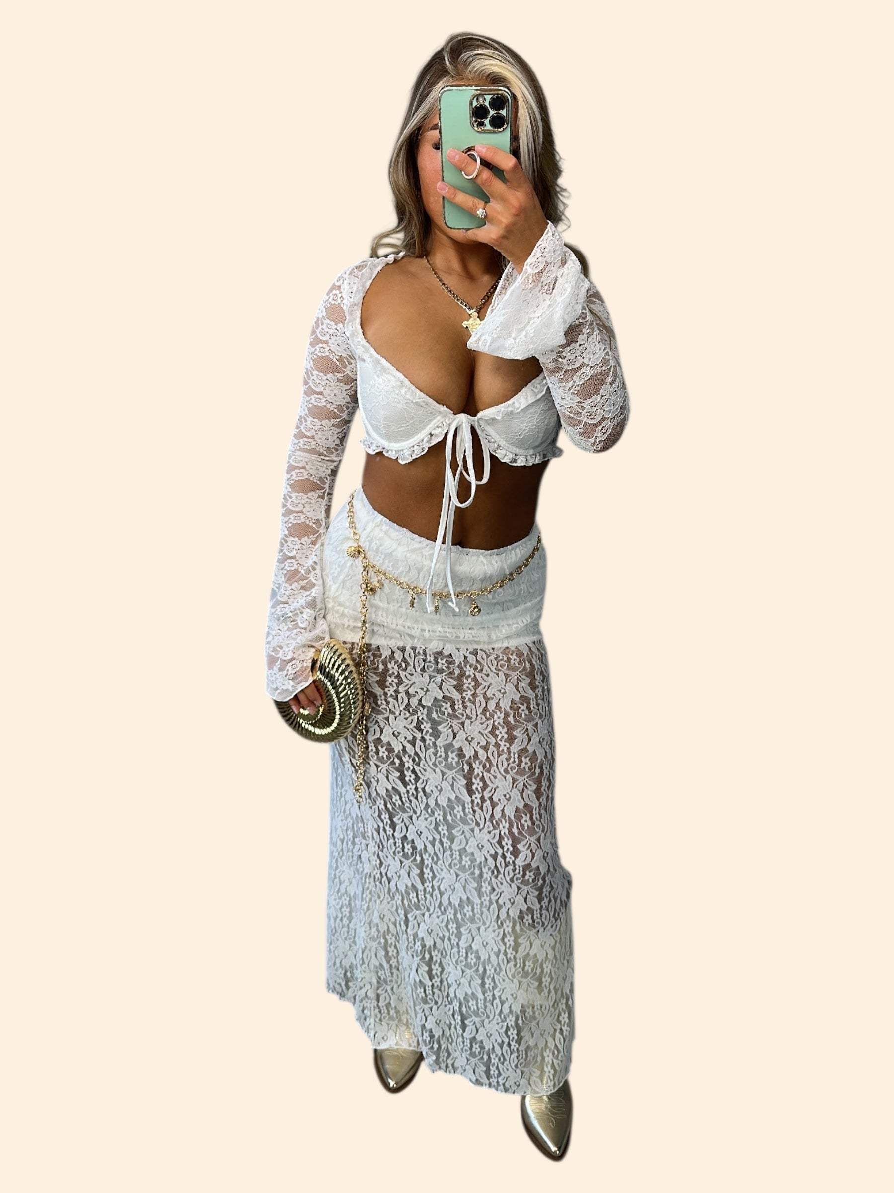 JANE Long Lace Maci Skirt elegant flowing maxi skirt with delicate lace details