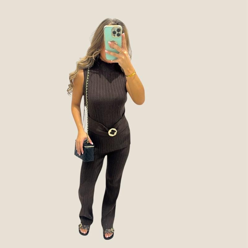 KIA Ribbed Sleeveless Top With Gold Buckle detailing & Trouser Set
