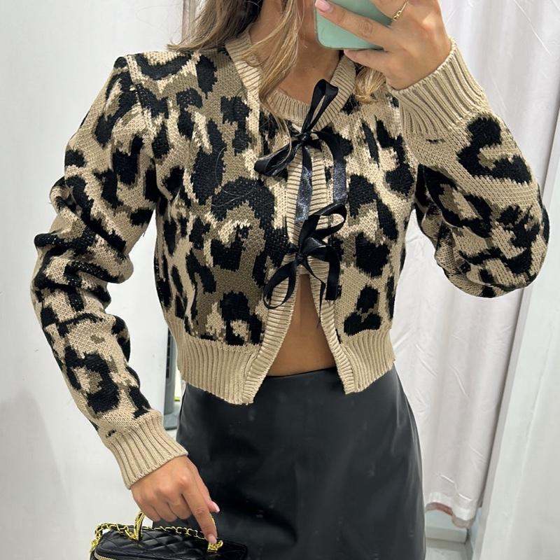 Leopard print AMARA knitted bow cardigan, cropped women’s sweater.