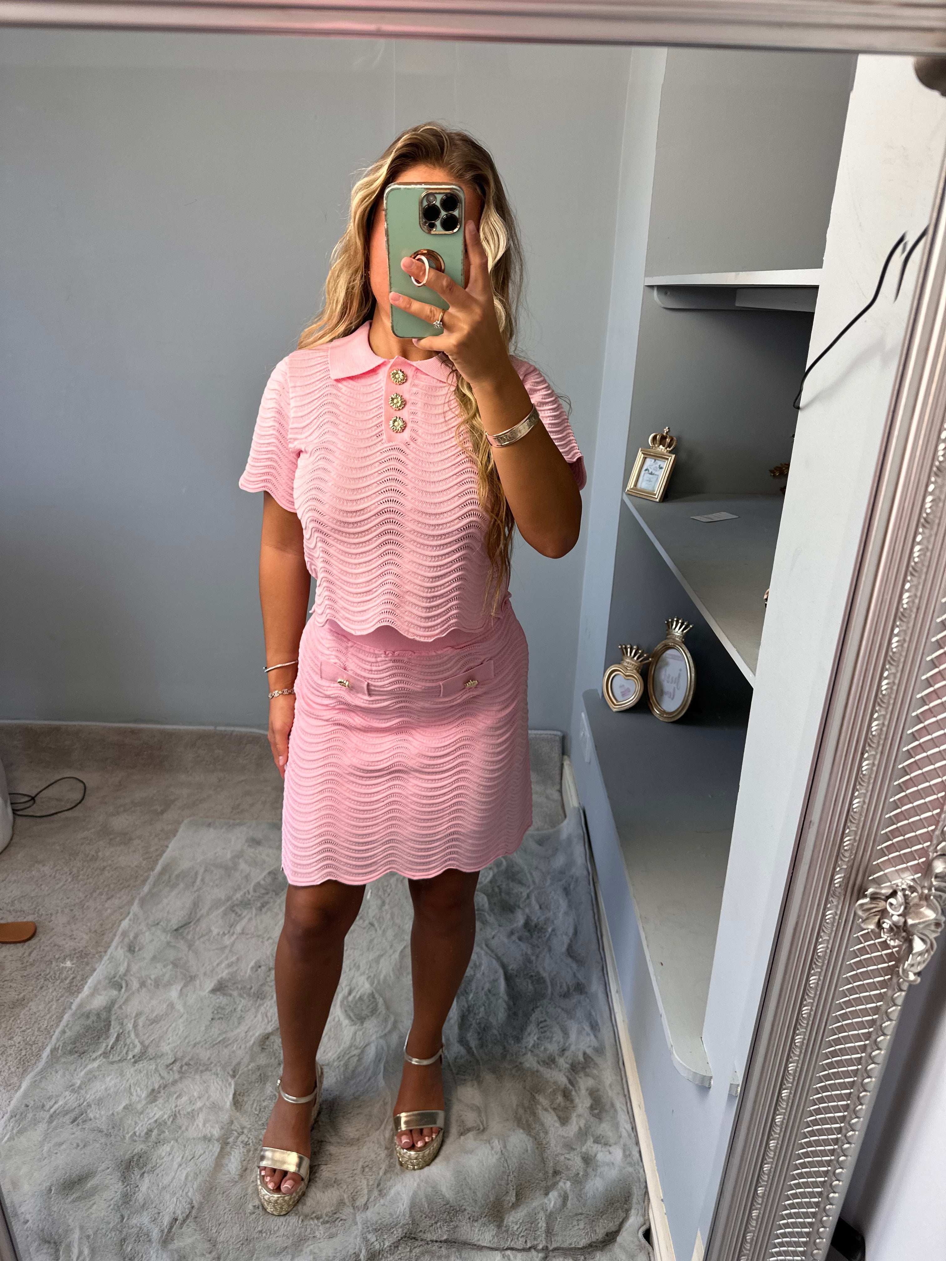MIA knitted gold button top and skirt