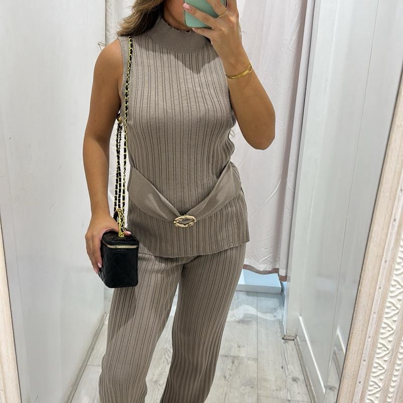 KIA Ribbed Sleeveless Top With Gold Buckle detailing & Trouser Set