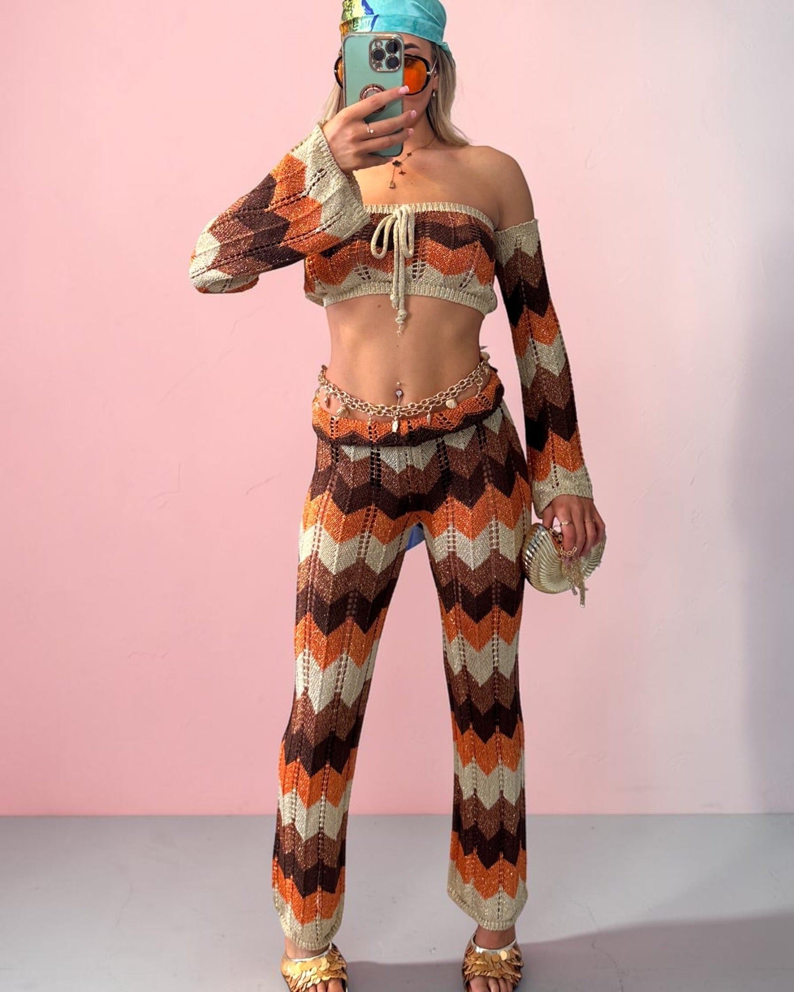 SHANIA Zig Zag Sparkly Lurex Knitted Top & Trouser Coord