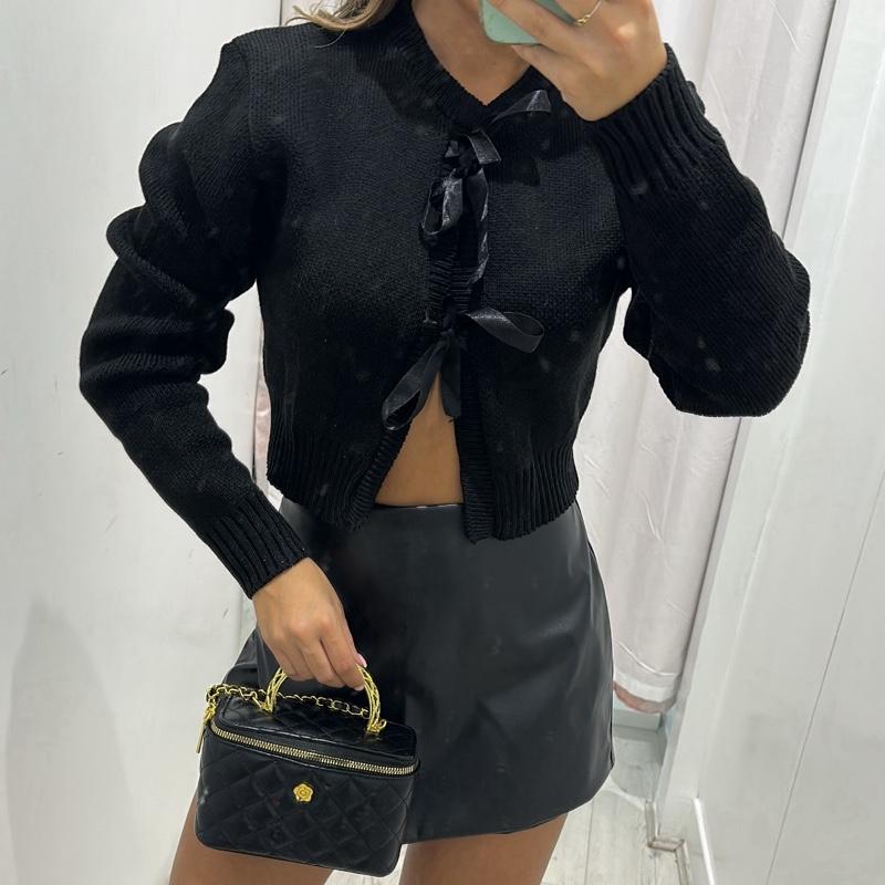 AMARA Knitted Bow Cardigan - Cropped Sweater with Bow Detailing