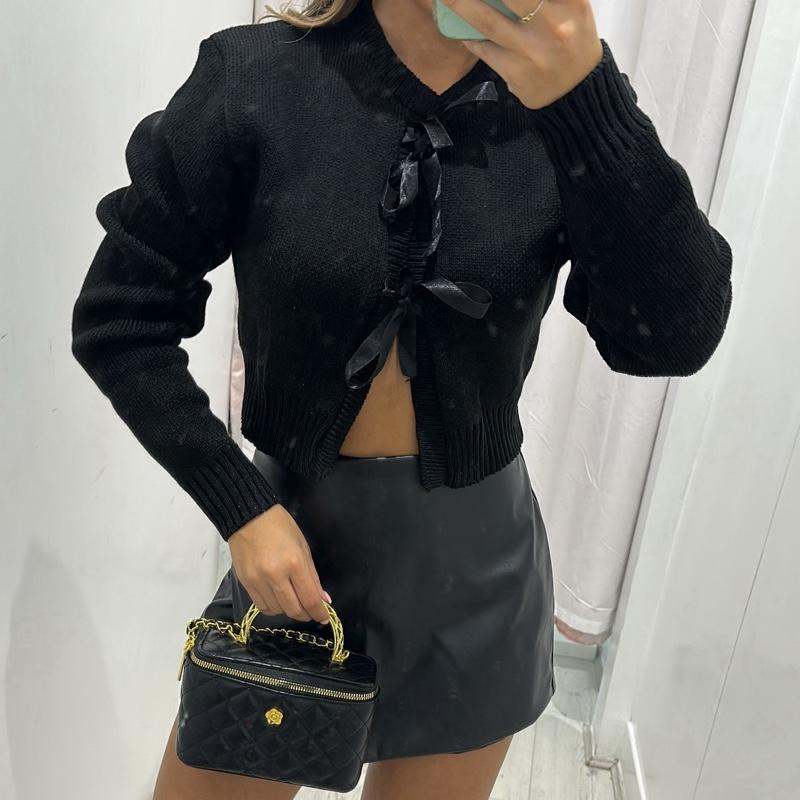 AMARA black bow cardigan, cozy knitted cropped women’s sweater.