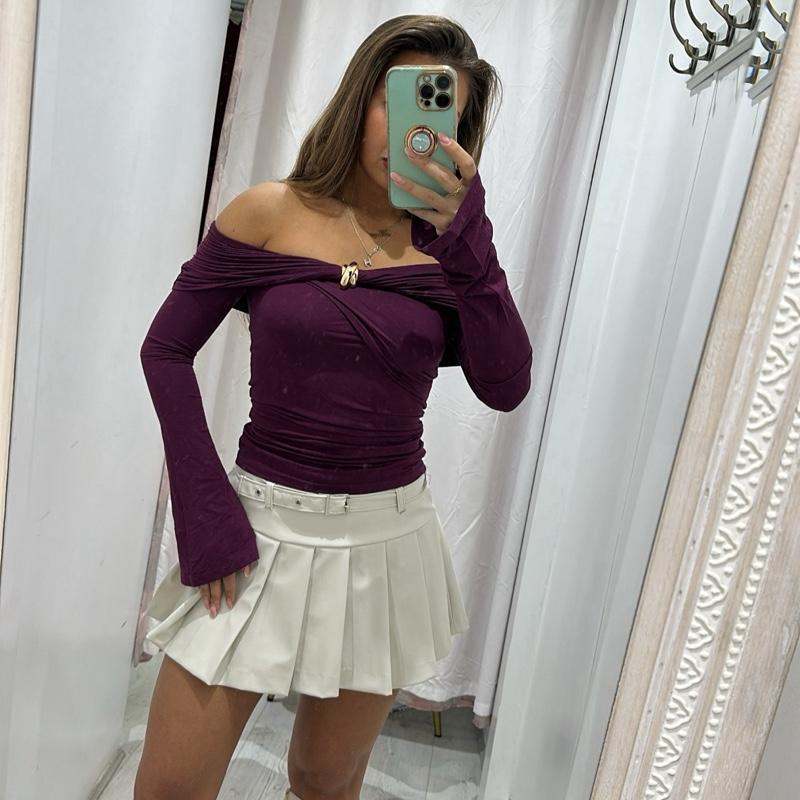 Purple long sleeve AMAYA top with flared sleeves and gold buttons, women’s minimal blouse.
