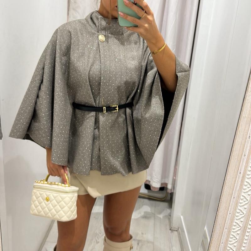 Mimi Rhinestone Detailing Belted Cape Poncho