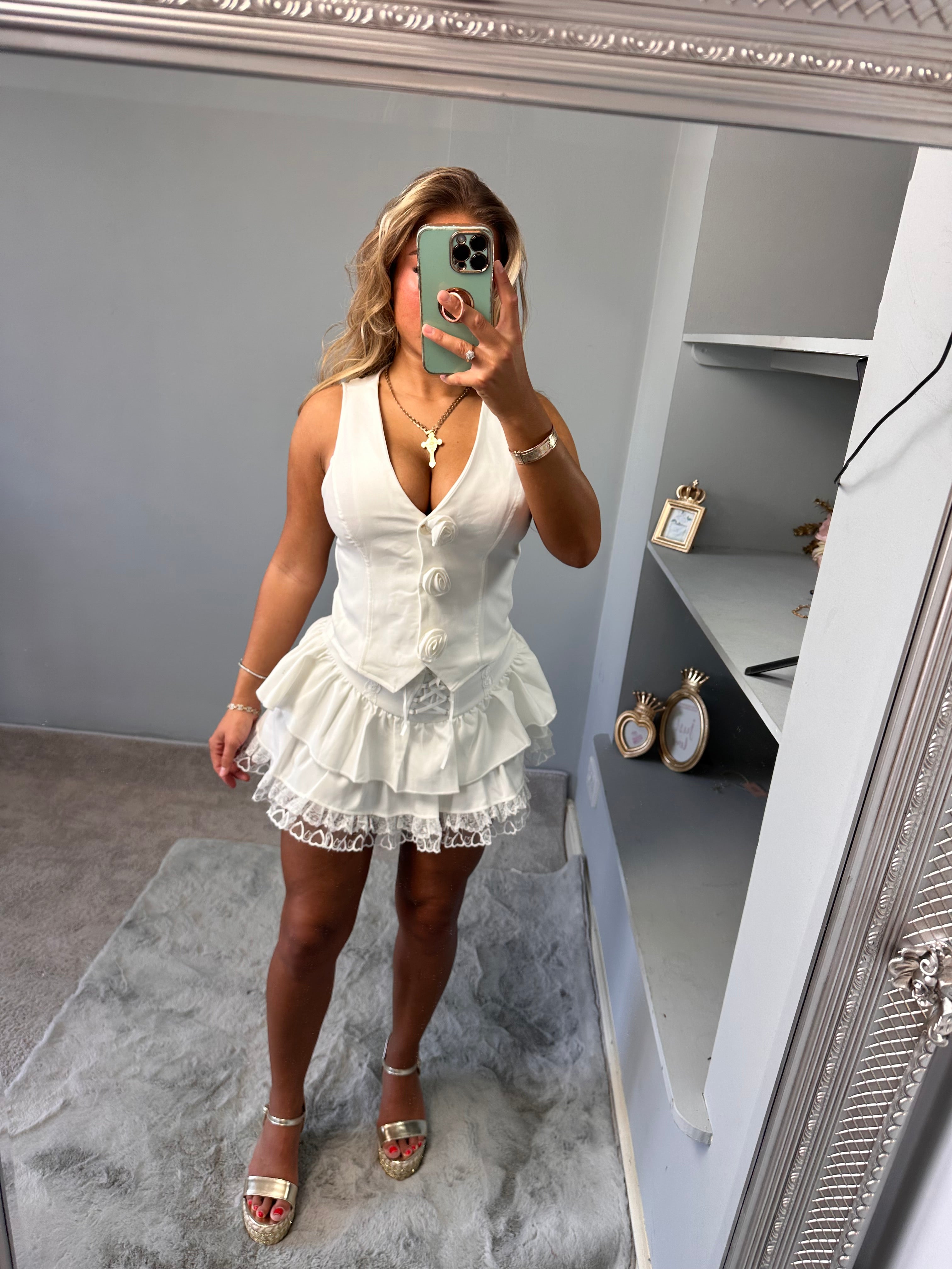 Daphne waistcoat with rose detailing and Strappy tie ruffle skirt set