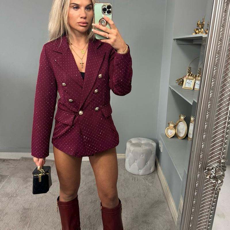 Women’s burgundy fitted blazer with diamanté sparkle, AMBER night-out style.