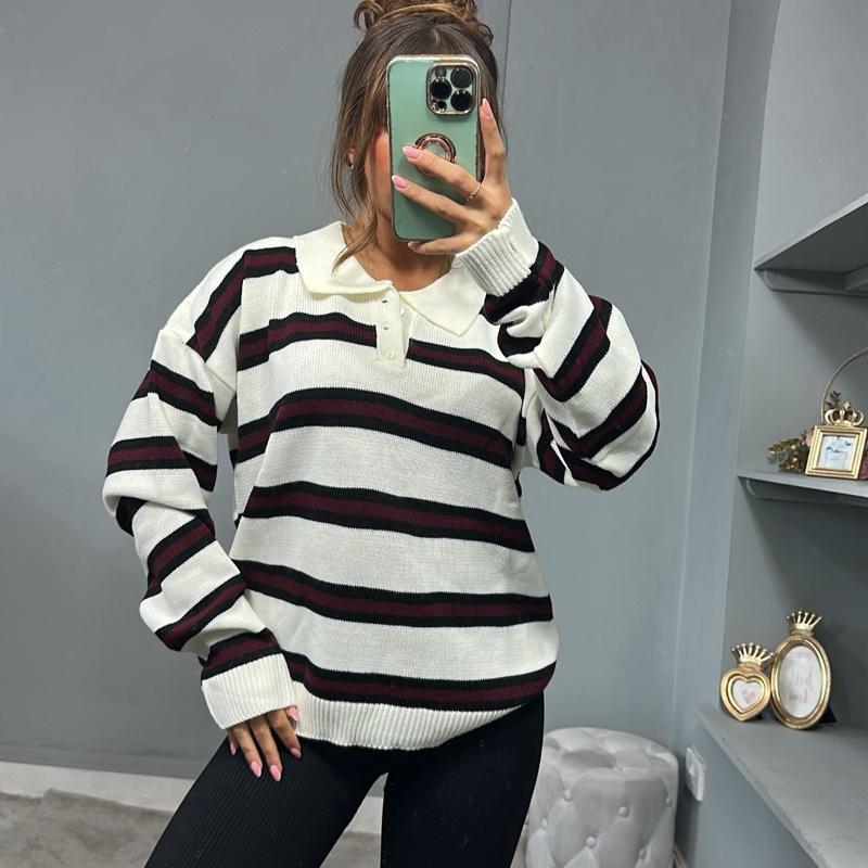 CHRISTIE Striped Collared Long Sleeve Sweater