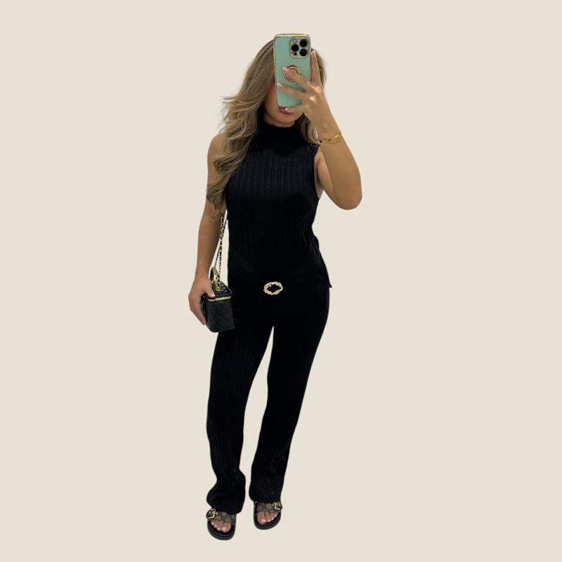 KIA Ribbed Sleeveless Top With Gold Buckle detailing & Trouser Set