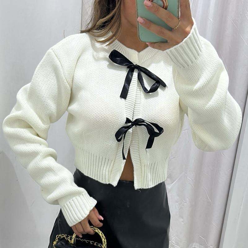 AMARA white bow cardigan, cozy knitted cropped women’s sweater.