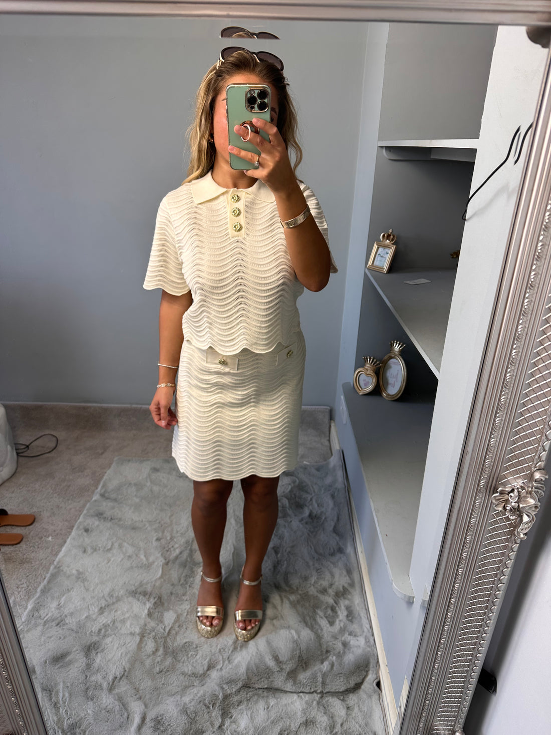 MIA knitted gold button top and skirt