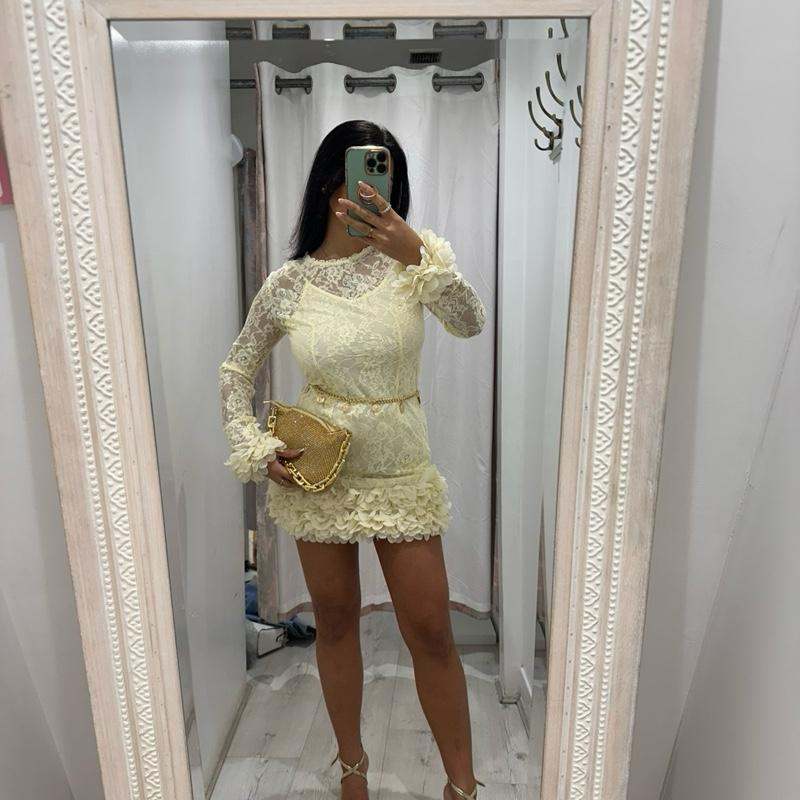 POLLY Lace Dress with Flower Detail Hem