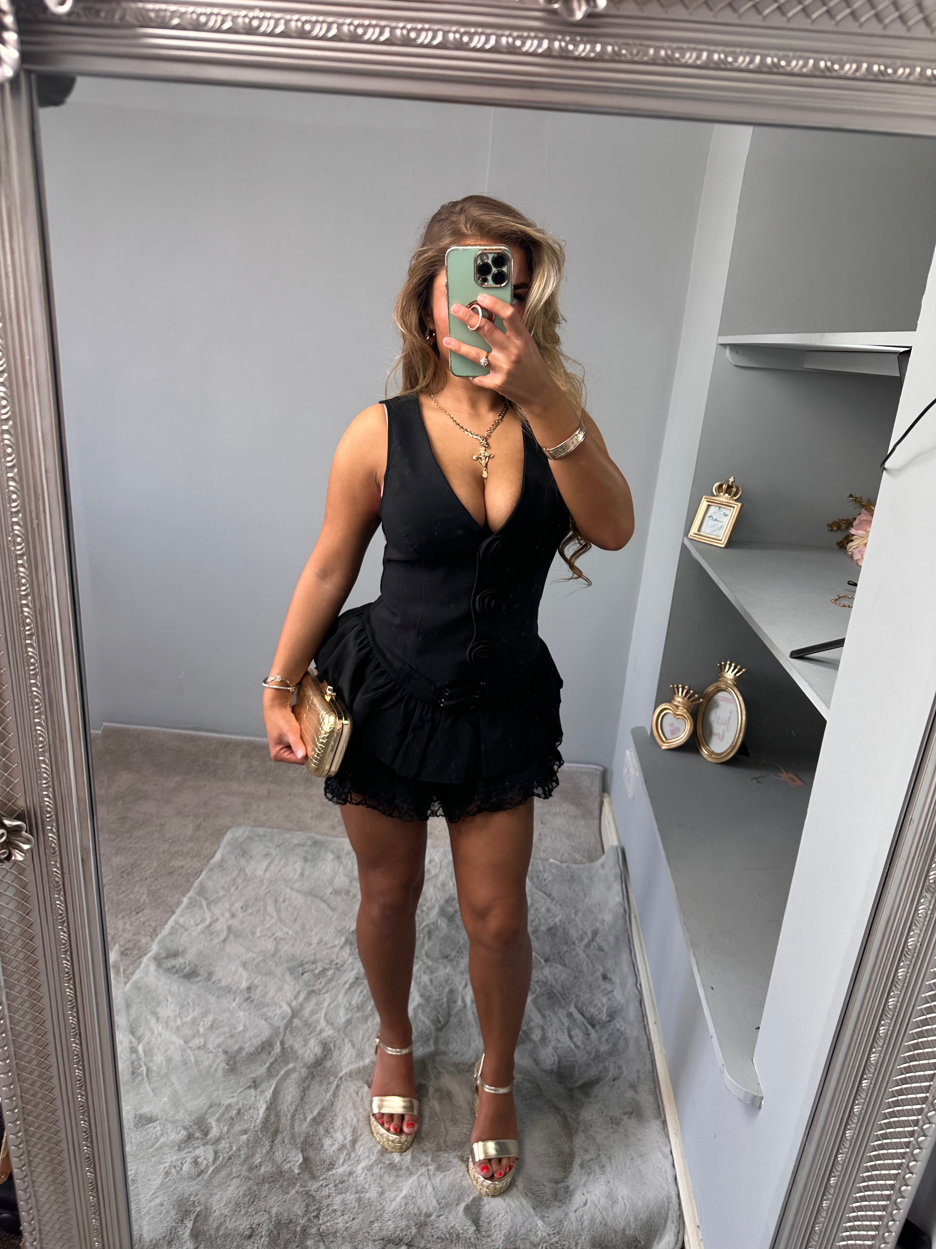 Daphne waistcoat with rose detailing and Strappy tie ruffle skirt set