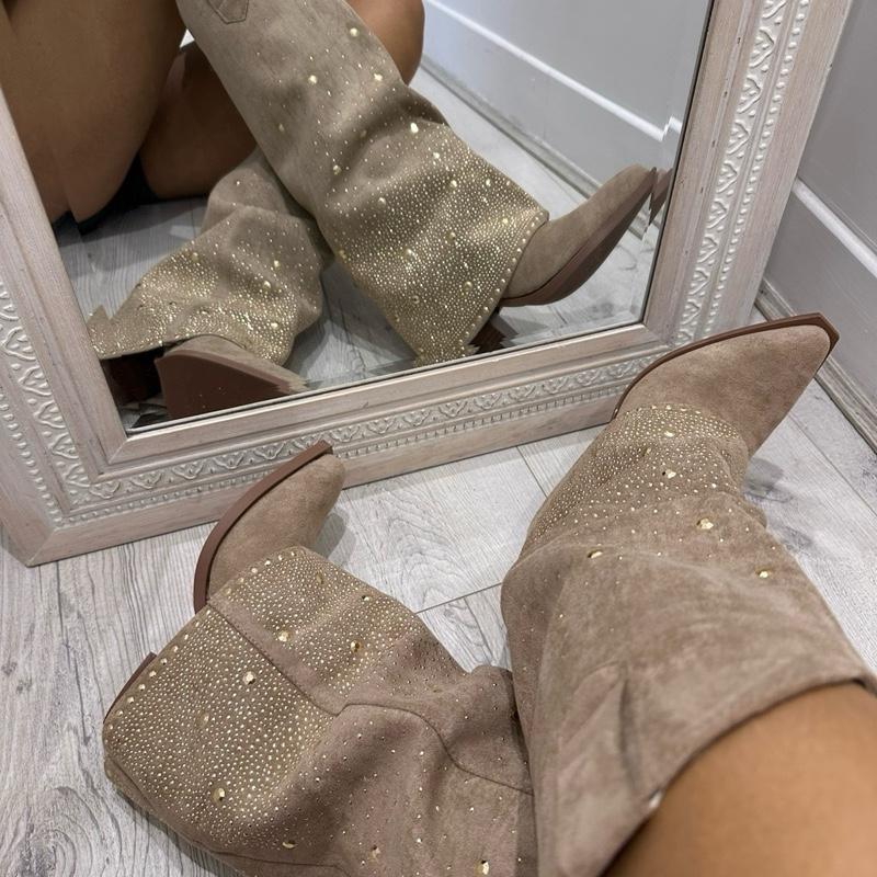 Orla Beige Suede Rhinestone Cowboy Boots