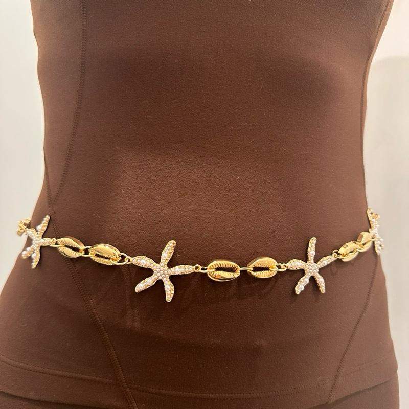 Women’s fashion gold charm belt with double-layered design and coin charms on white background