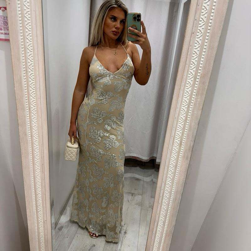 MIRELLE Sequin Open Back Maxi Dress
