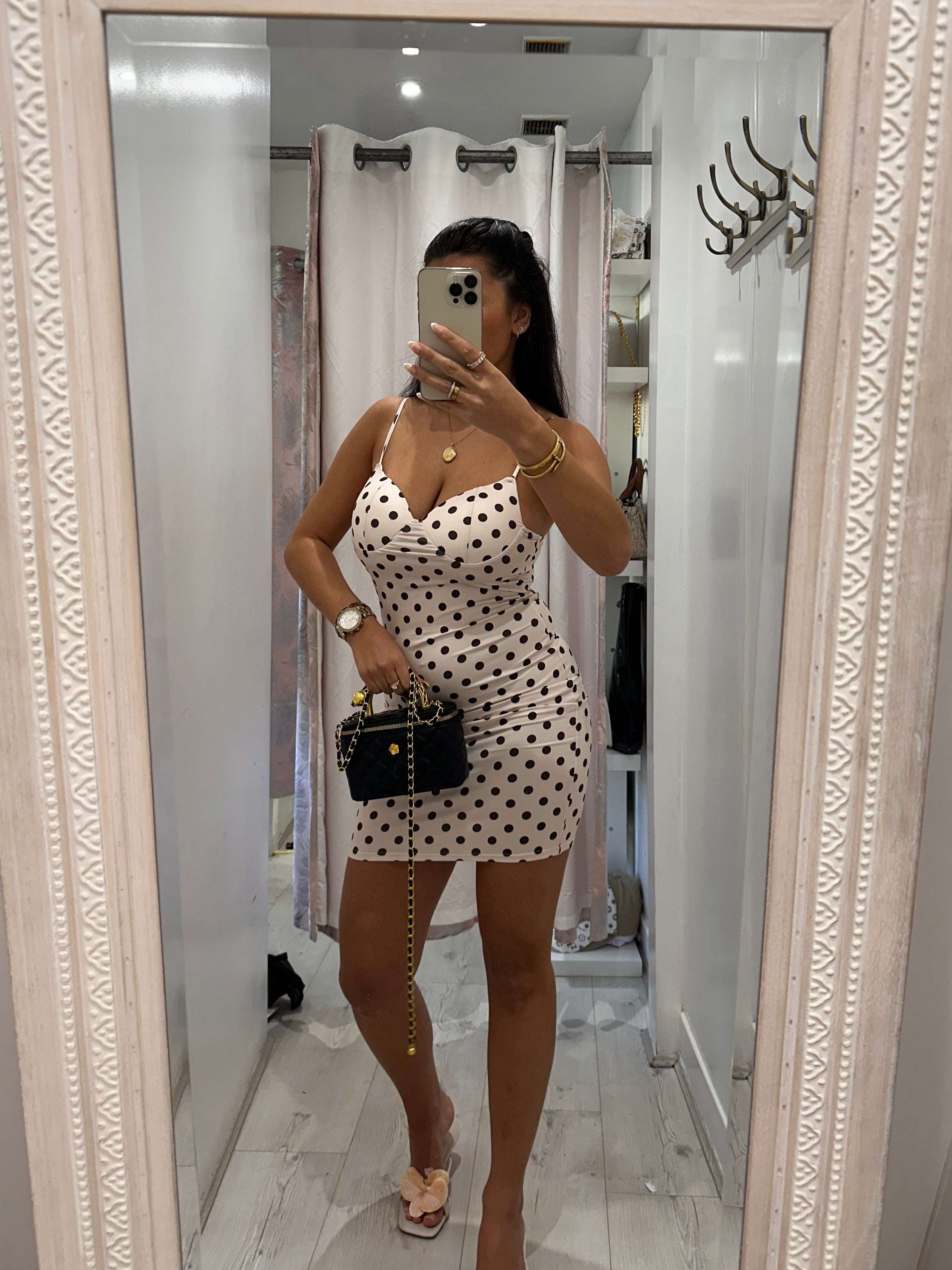 VERITY Polka Dot Mini Dress - White with Black Dots, Sleeveless, V-Neck, Summer Style, Perfect for Casual Wear