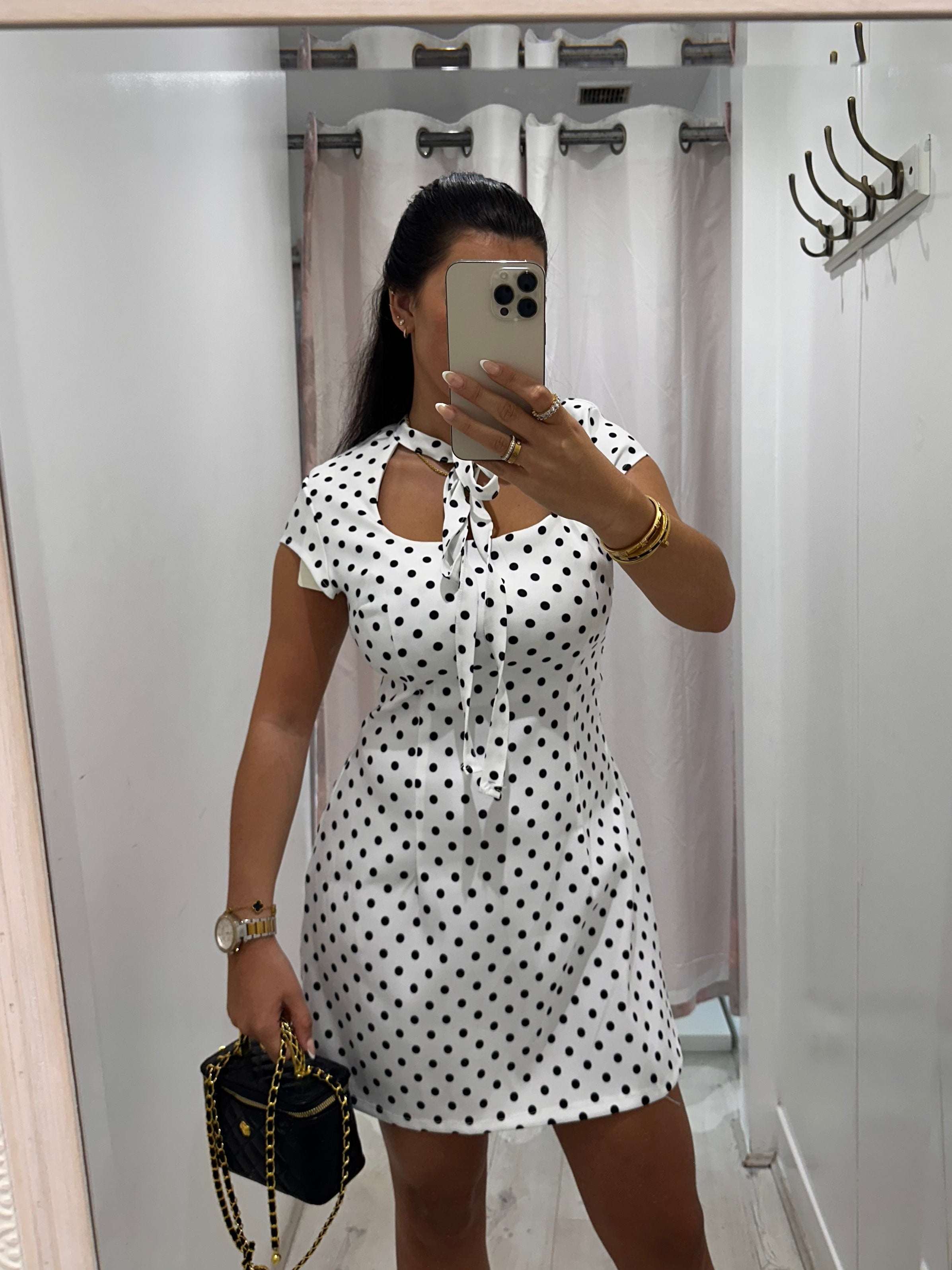 Kensington Polka Dot Dress with short sleeves and tie front for women&
