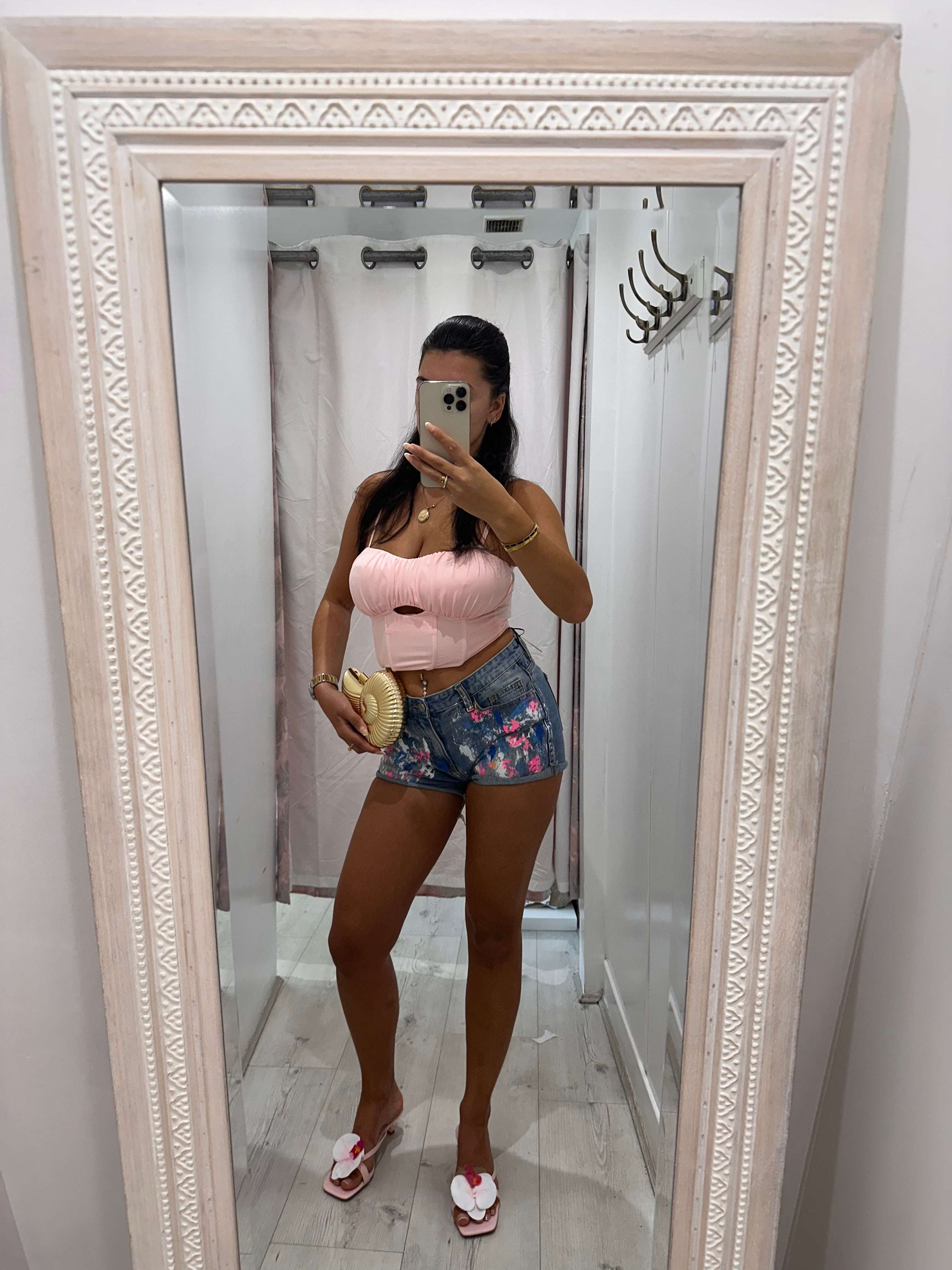 ANGEL Painted Denim Shorts with stylish floral design for women&