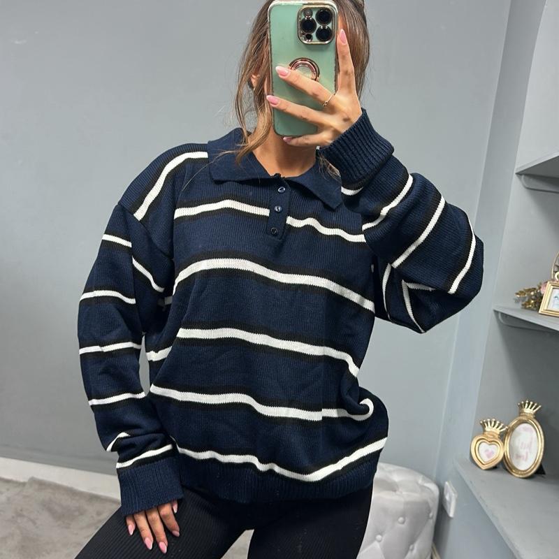 CHRISTIE Striped Collared Long Sleeve Sweater