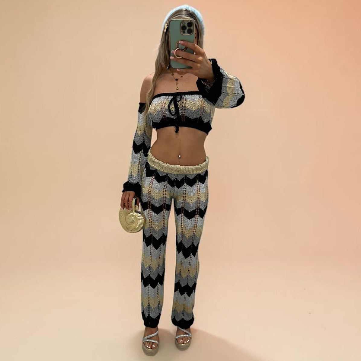 SHANIA Zig Zag Sparkly Lurex Knitted Top & Trouser Coord