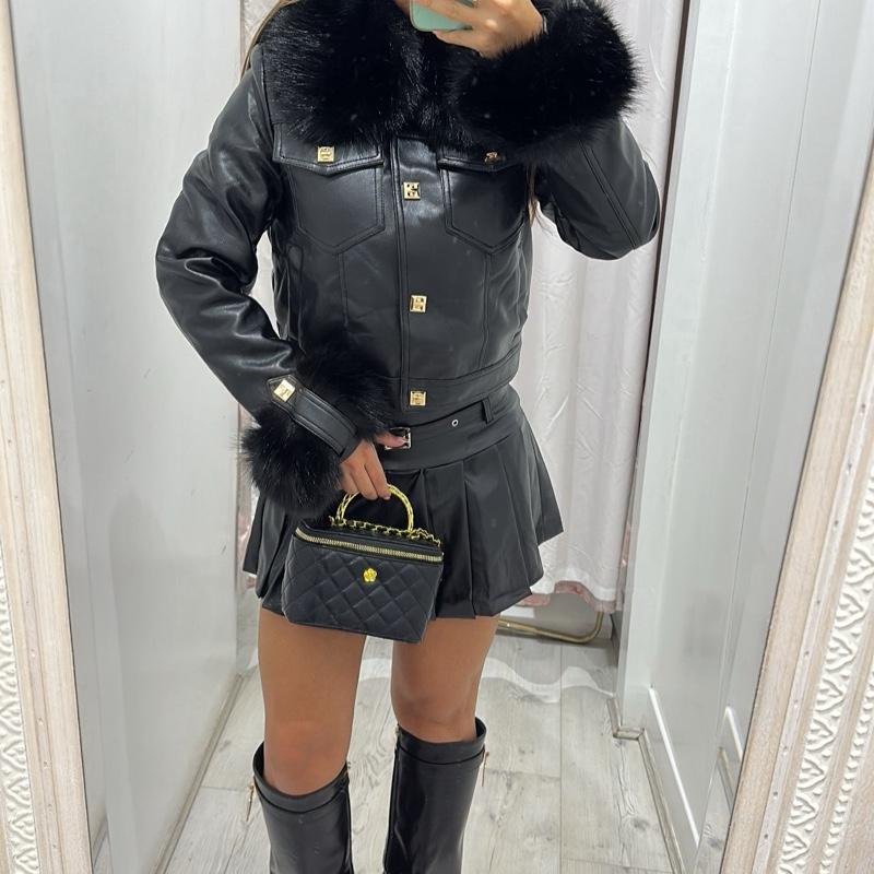 Yasmin Pu Leather Jacket With Fur Detailing