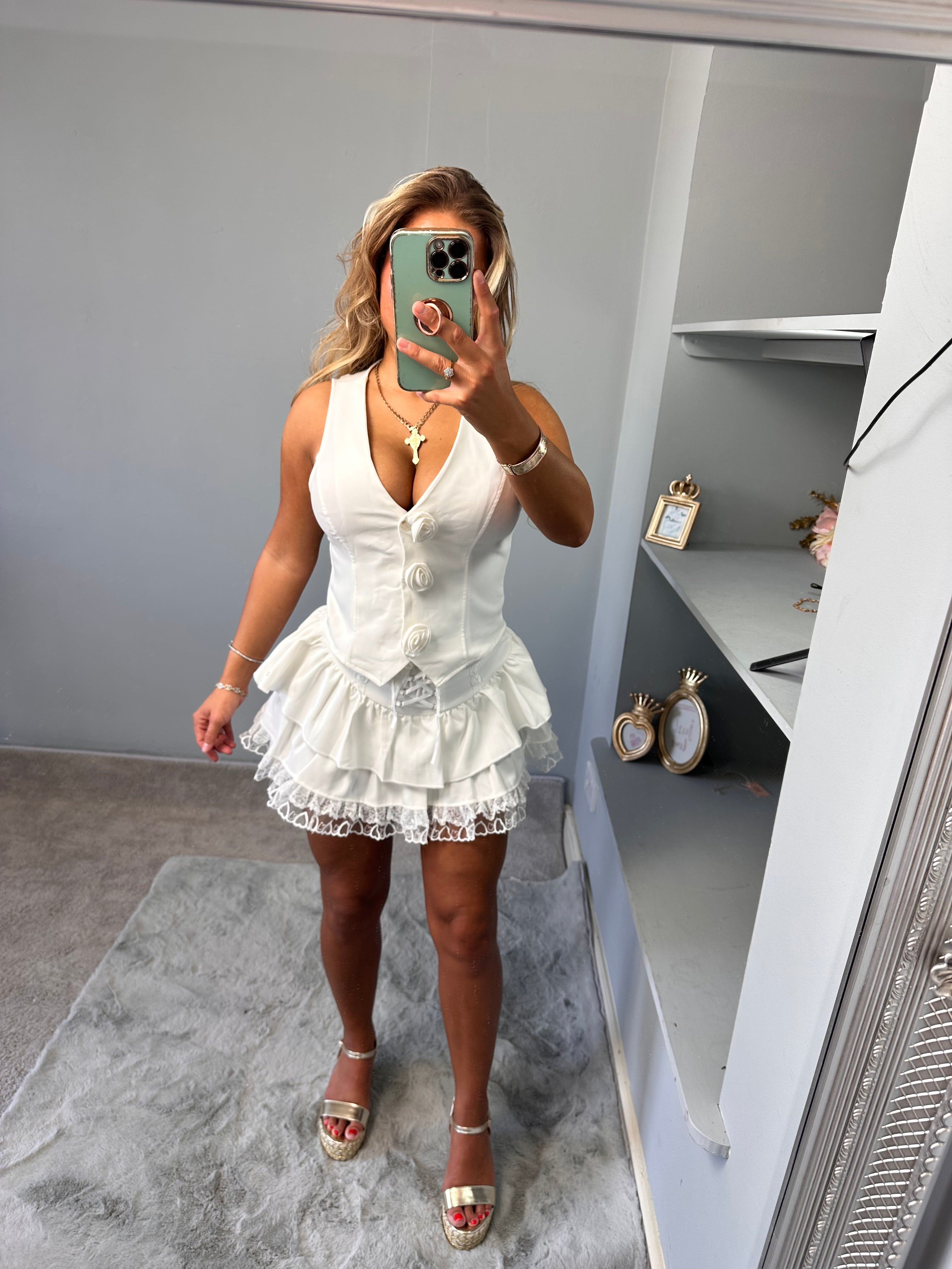 Daphne waistcoat with rose detailing and Strappy tie ruffle skirt set