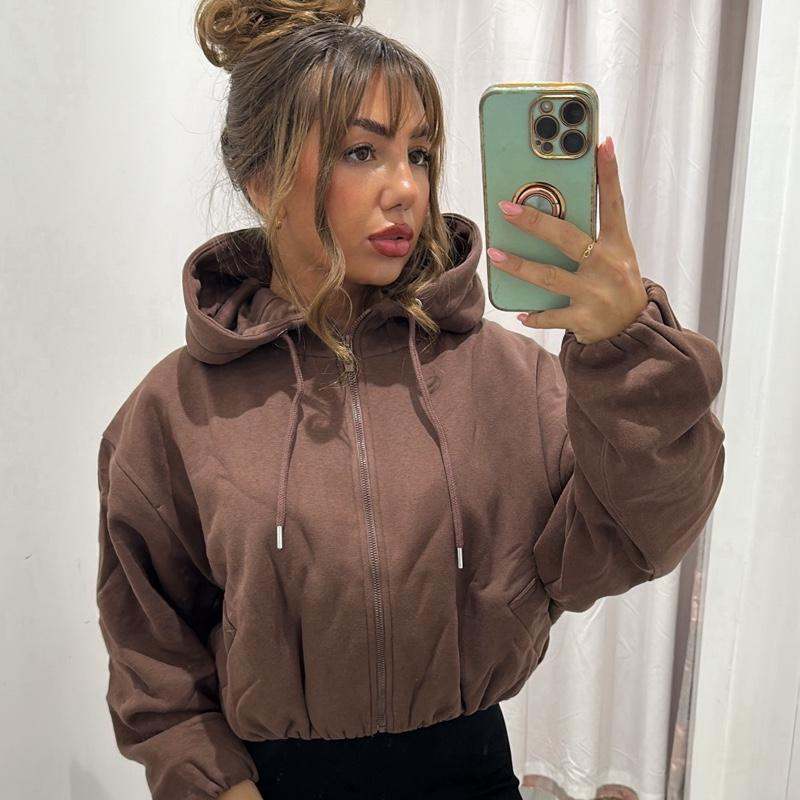 Women’s brown fleece-lined cropped hoodie with bubble hem, BECCA style.