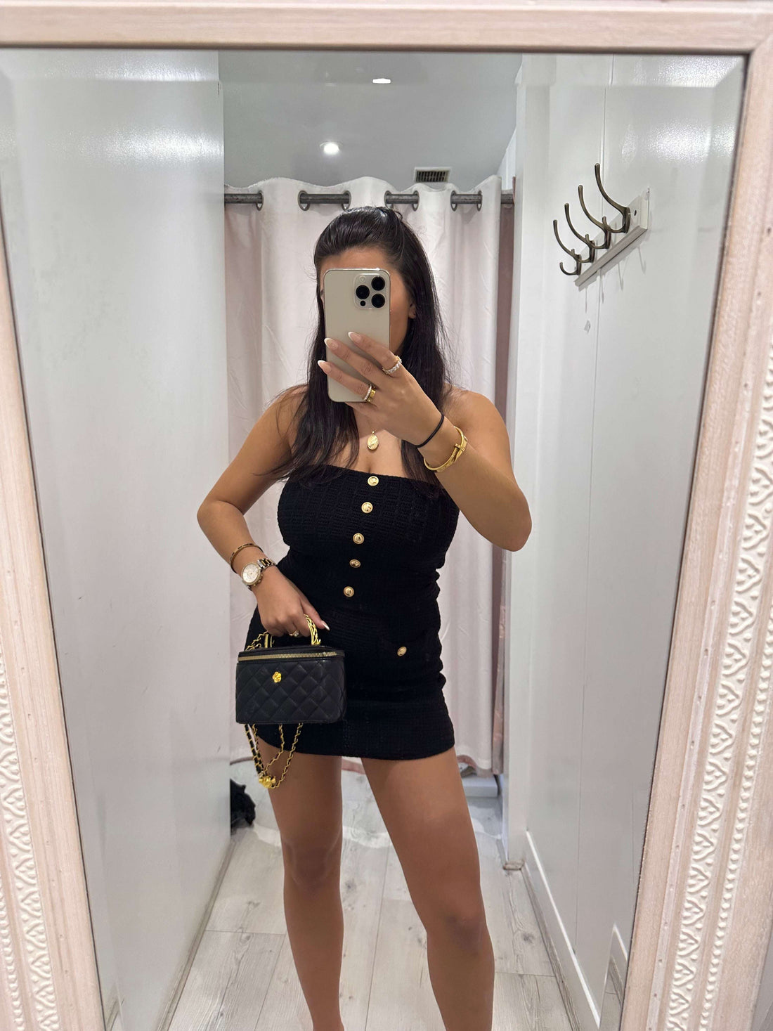 Lara Gold Button knitted skirt and bandeau top set stylish everyday outfit