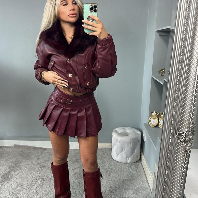 Burgundy BLAIR PU leather bomber jacket with faux fur collar and zip detail, women’s outerwear.