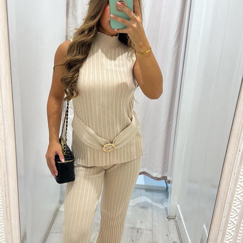 KIA Ribbed Sleeveless Top With Gold Buckle detailing & Trouser Set