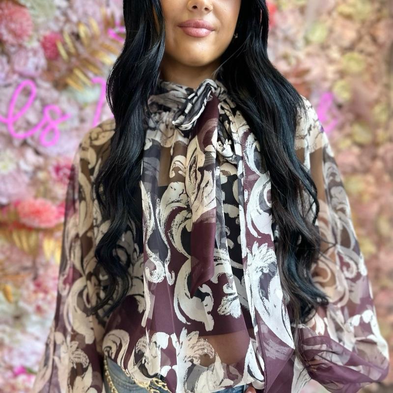 VICKY Sheer Blouse Top With Bow On Neck (One Size 6-12)