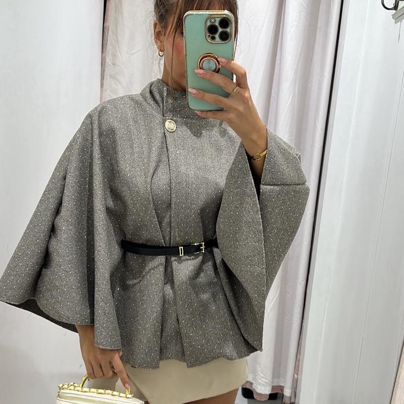 Mimi Rhinestone Detailing Belted Cape Poncho