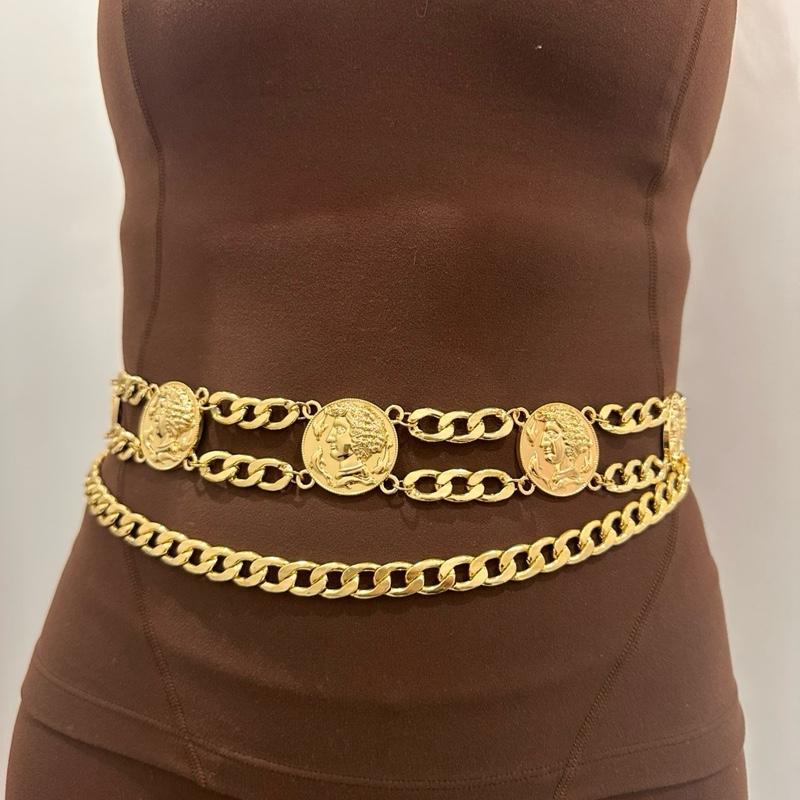 Women’s fashion gold charm belt with double-layered design and coin charms for stylish outfits