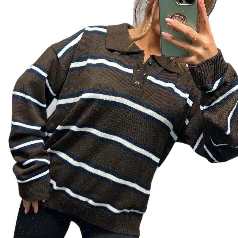 CHRISTIE Striped Collared Long Sleeve Sweater