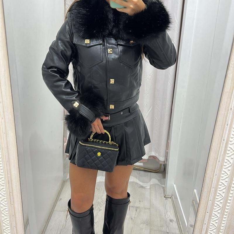 Yasmin Pu Leather Jacket With Fur Detailing