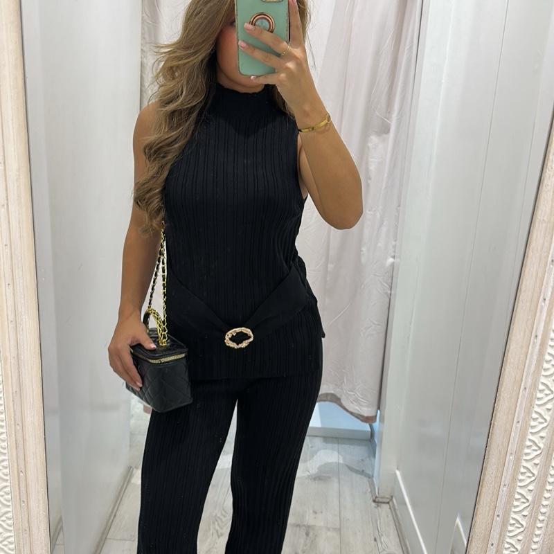 KIA Ribbed Sleeveless Top With Gold Buckle detailing & Trouser Set
