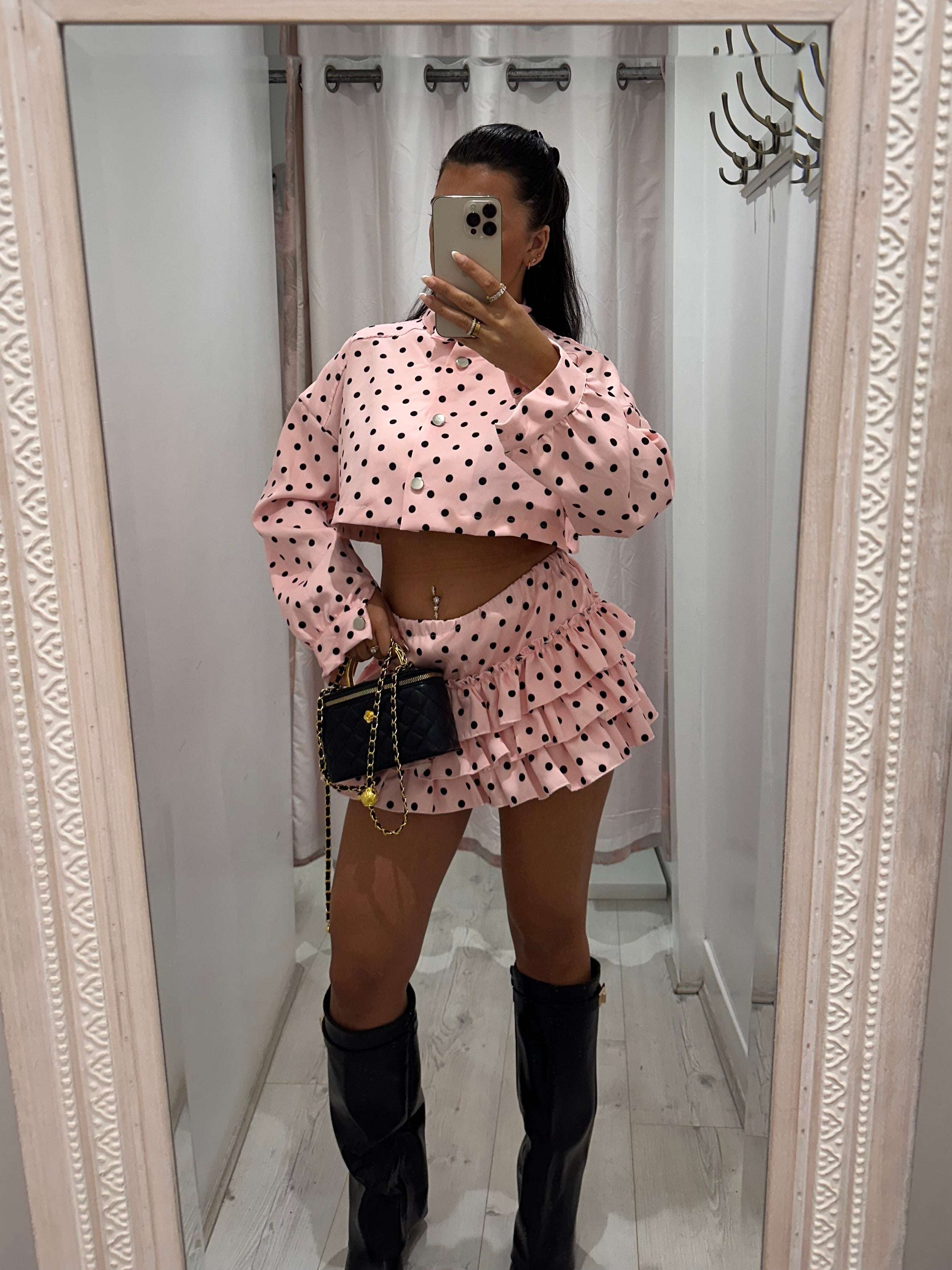 Gardenia Polka Dot Frilly Rara Skirt co ord set with unique polka dot design and frilled rara skirt for stylish outfits