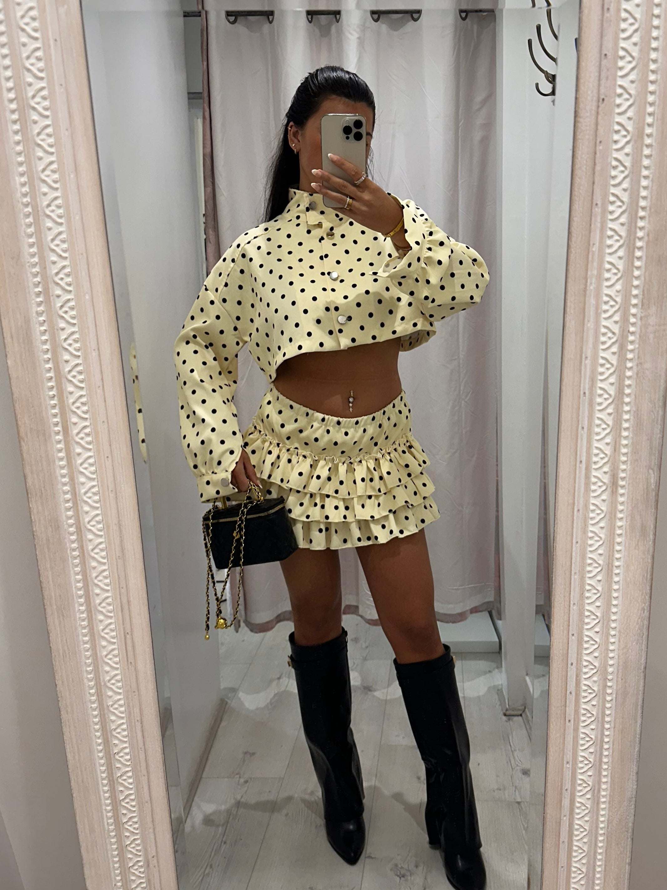 Gardenia Polka Dot Frilly Rara Skirt Co Ord Set with stylish polka dots and frilled rara skirt