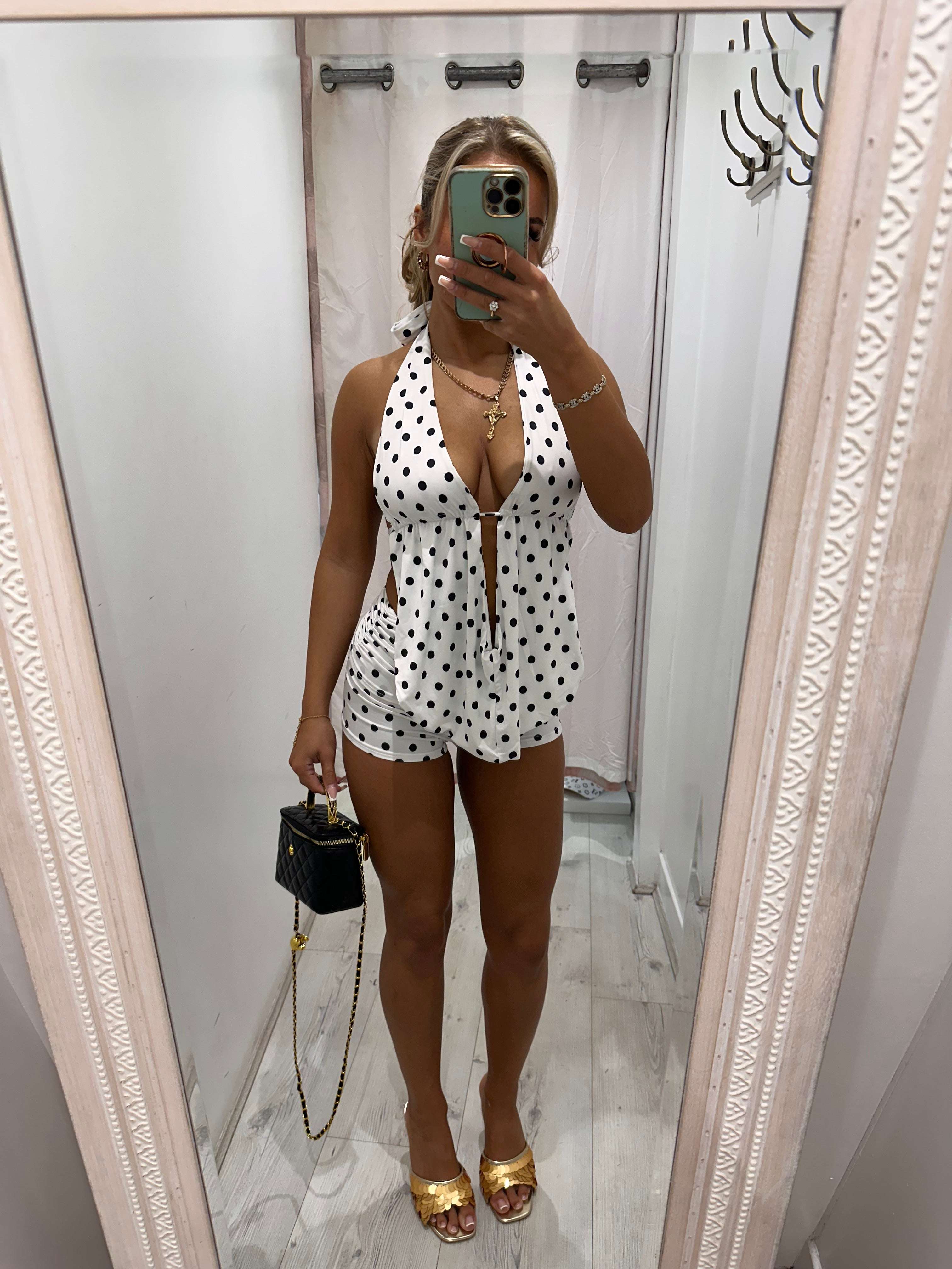MYLA Two Piece Polka Dot Short and Halter Neck Top Set for Women stylish and comfortable