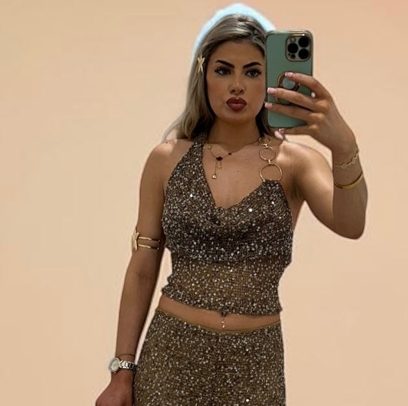 NOAH Sequin Knitted Halterneck Top With Chain Detail For Holiday & Festivals