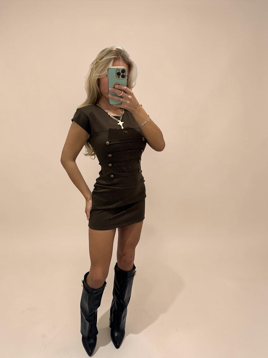 MICHAELA Button Detail Padded Shoulder Mini Dress